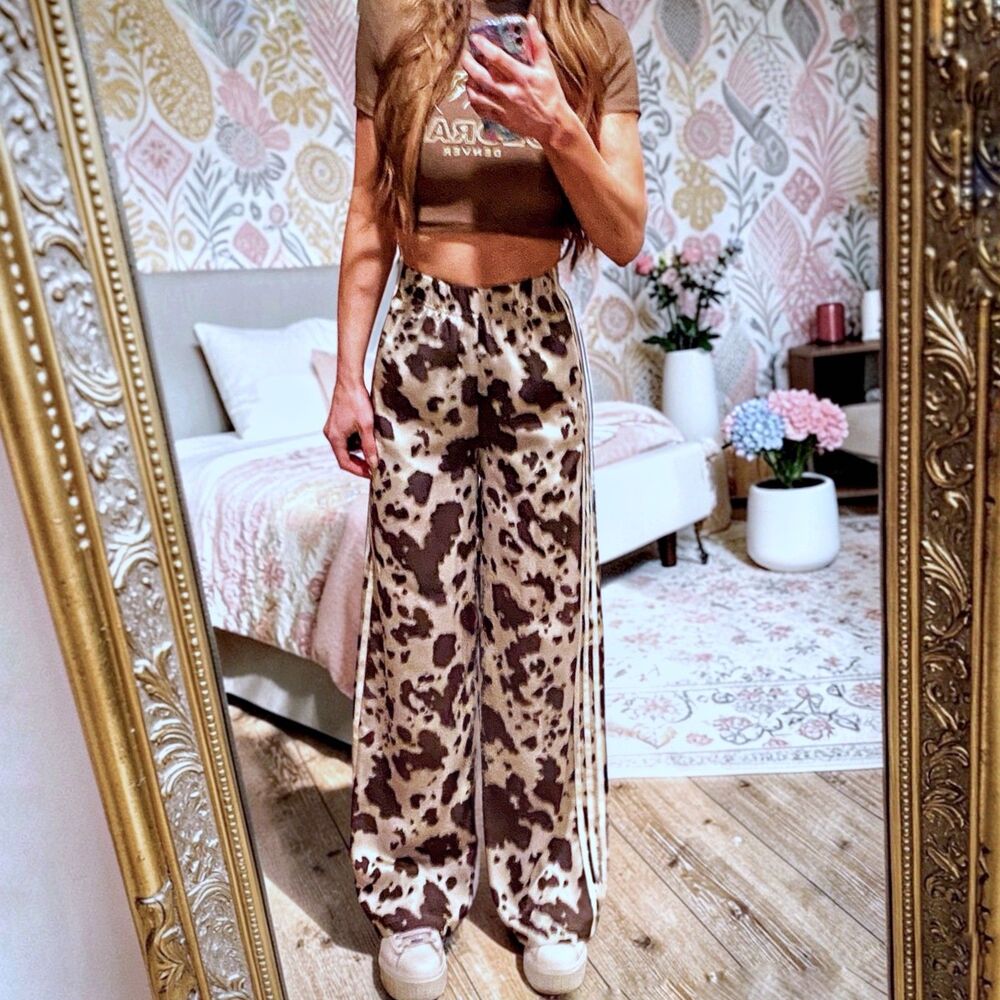 NWT RARE Adidas Originals Satin Wide Leg Animal Cow Print Track Pants 2XS